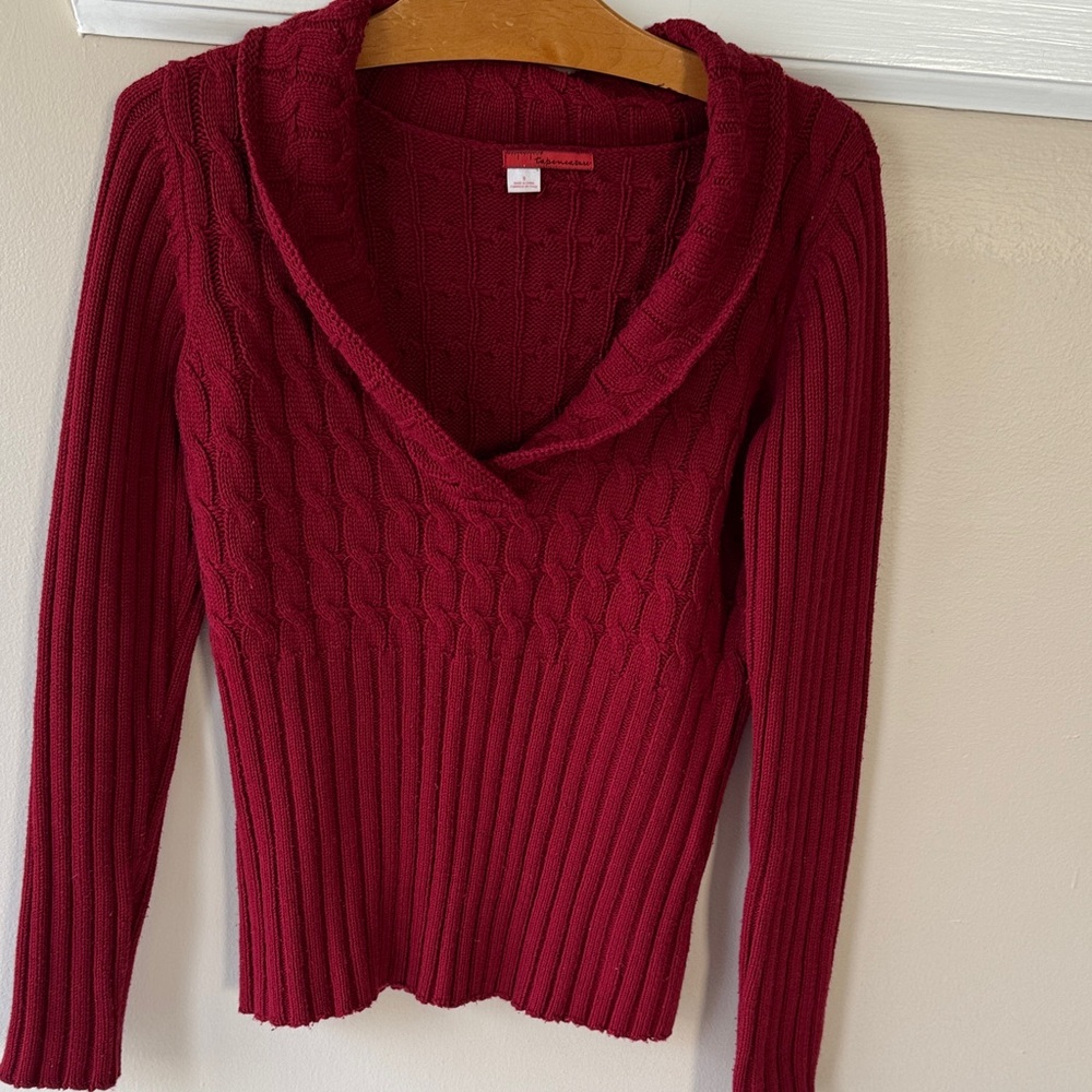 Tapemeasure Cable Knit Shawl Collar Sweater - Burgundy